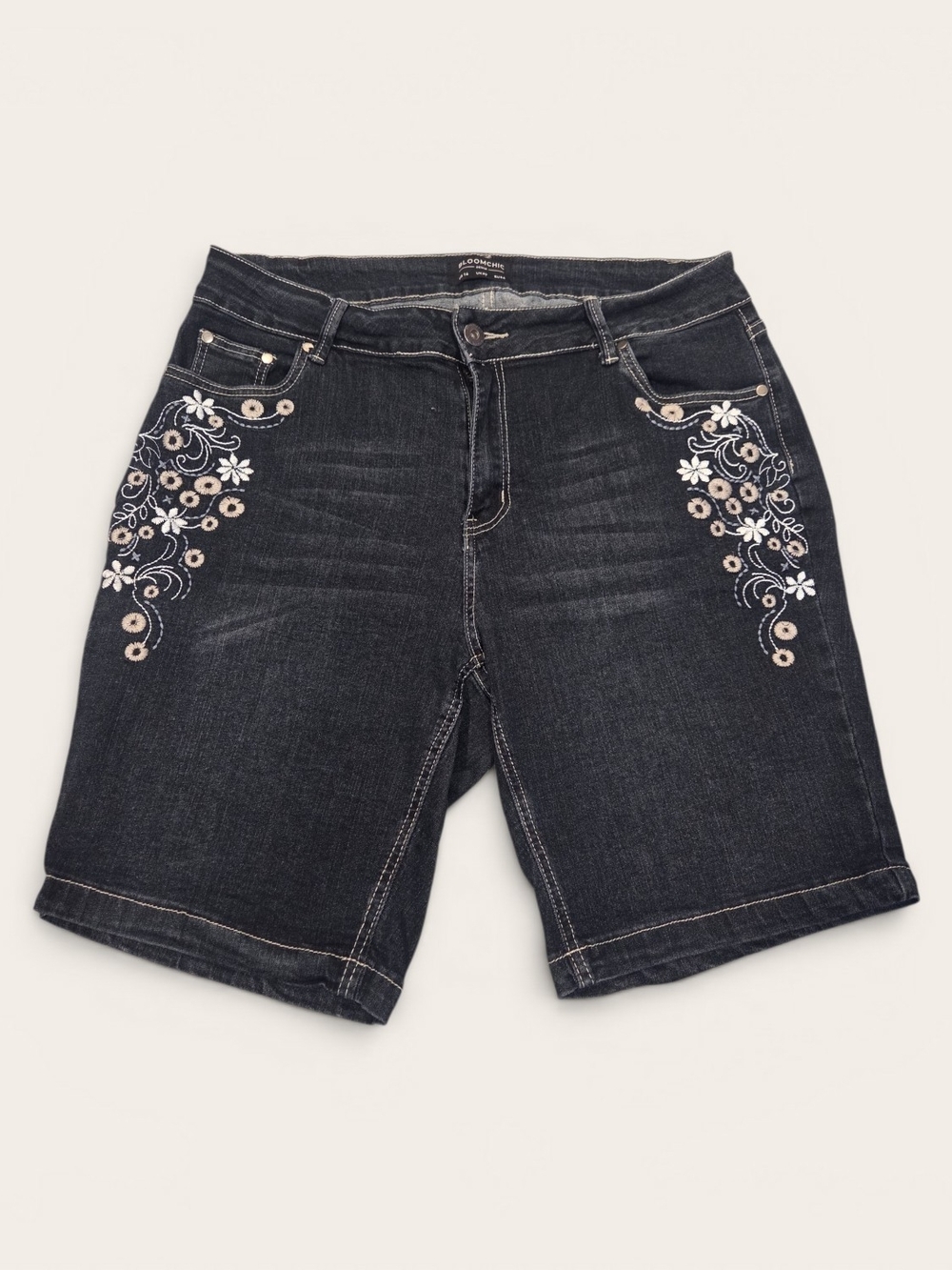 BloomChic Dark Wash Denim Bermuda Shorts with White & Tan Floral Embroidery